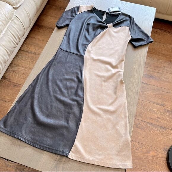 COURAGE.b BLACK/BEIGE FAUX LEATHER/SUEDE ROMATA DRESS S NWT - Picture 6 of 16